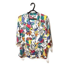 VTG 90s Chaus 100% Rayon Bird Print Blouse Colorful Tropical Novelty Dopamine
